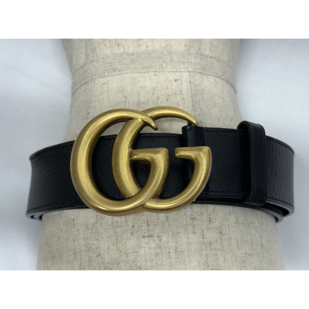 Vintage Gucci GG Marmont Leather Belt Unisex Size 32 Antiqued Gold Buckle w/ COA